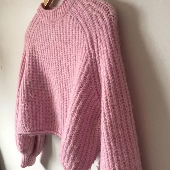 Zara Purl Knit Crop Wool Alpaca Balloon Sleeve Knit Sweater Light Pink Sz Small - Picture 7 of 10